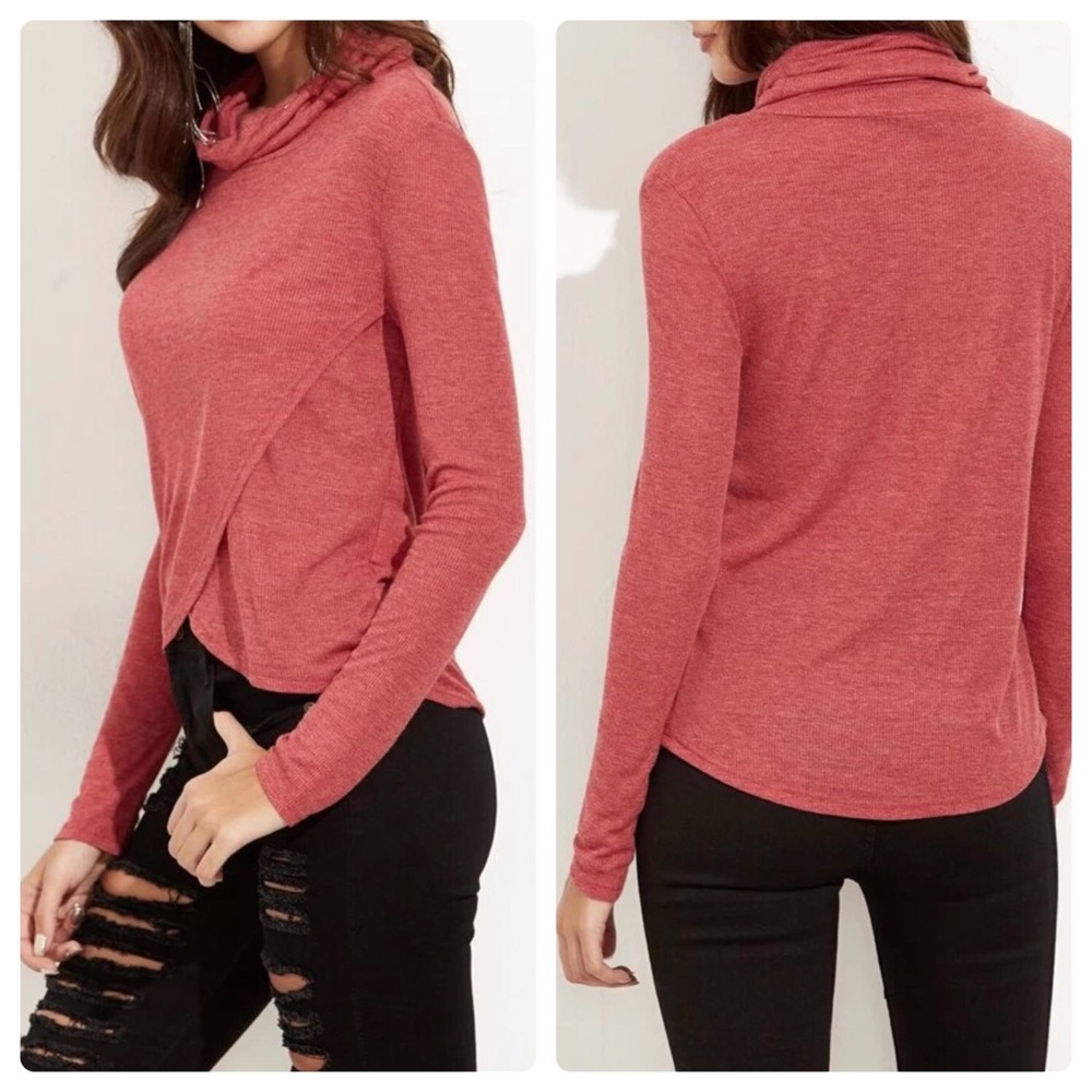 Red Cowl Neck Crossover Ribbed Top - Picture 2 of 2